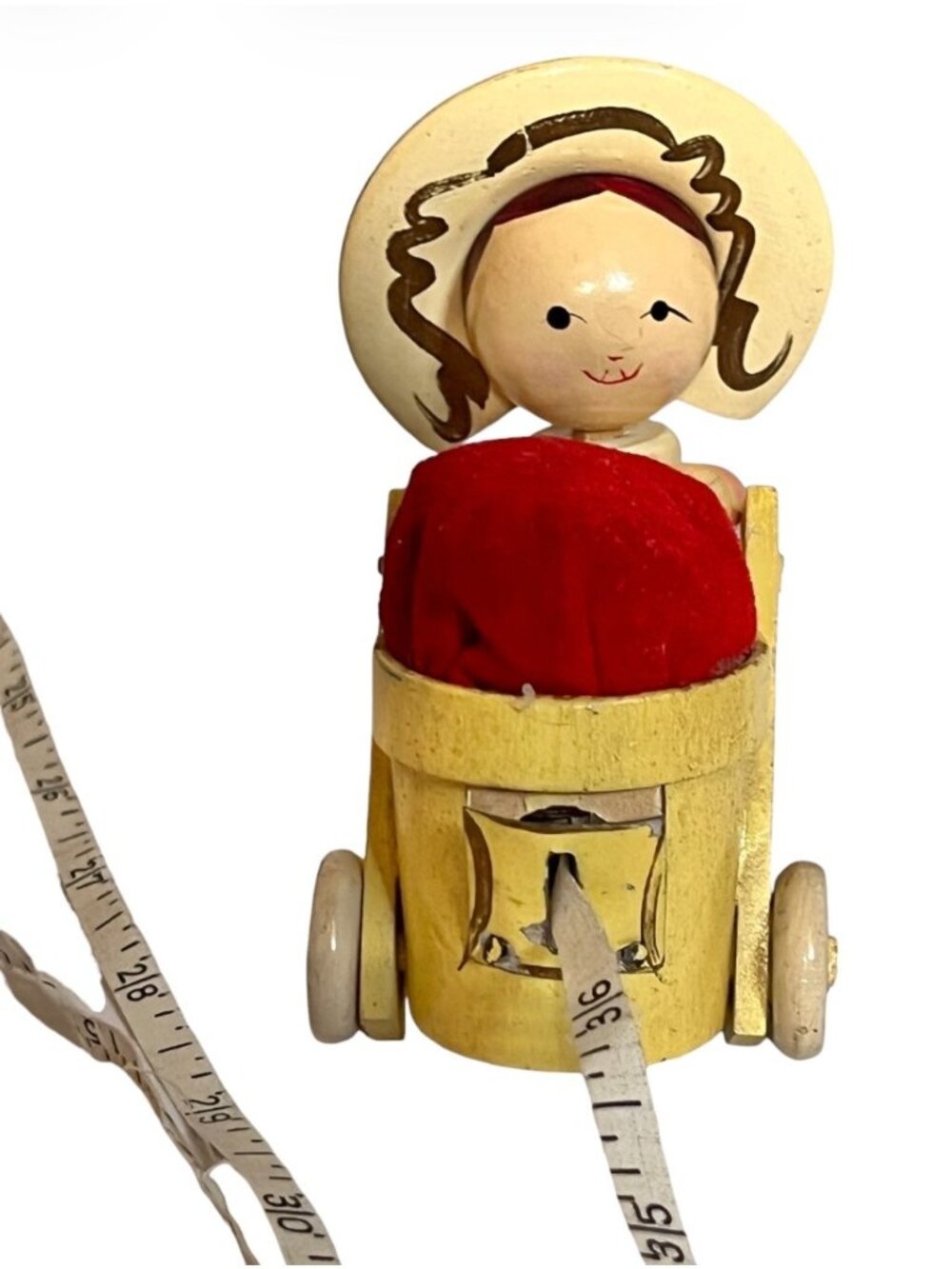 Pin Cushion Tape Measure Woman w/ Cart VTG 3.5" T Japan Pink Green Yellow Wood